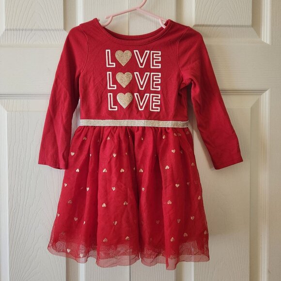 Cat and Jack Love Theme Red Long Sleeve Dress Glitter Print Hearts 2T - Picture 1 of 11
